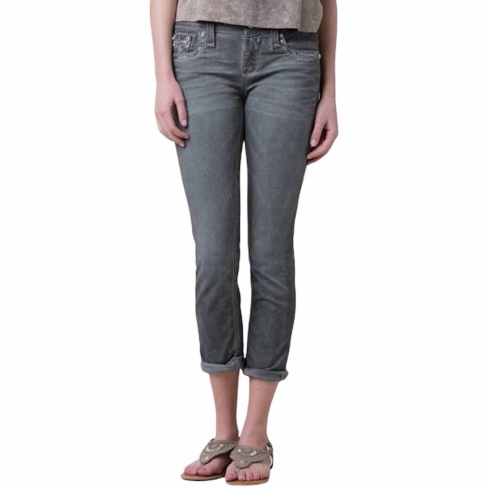Rock Revival Jeans “Boris” Low Rise Cropped Whisker/Sequins Detail Grey SZ 26